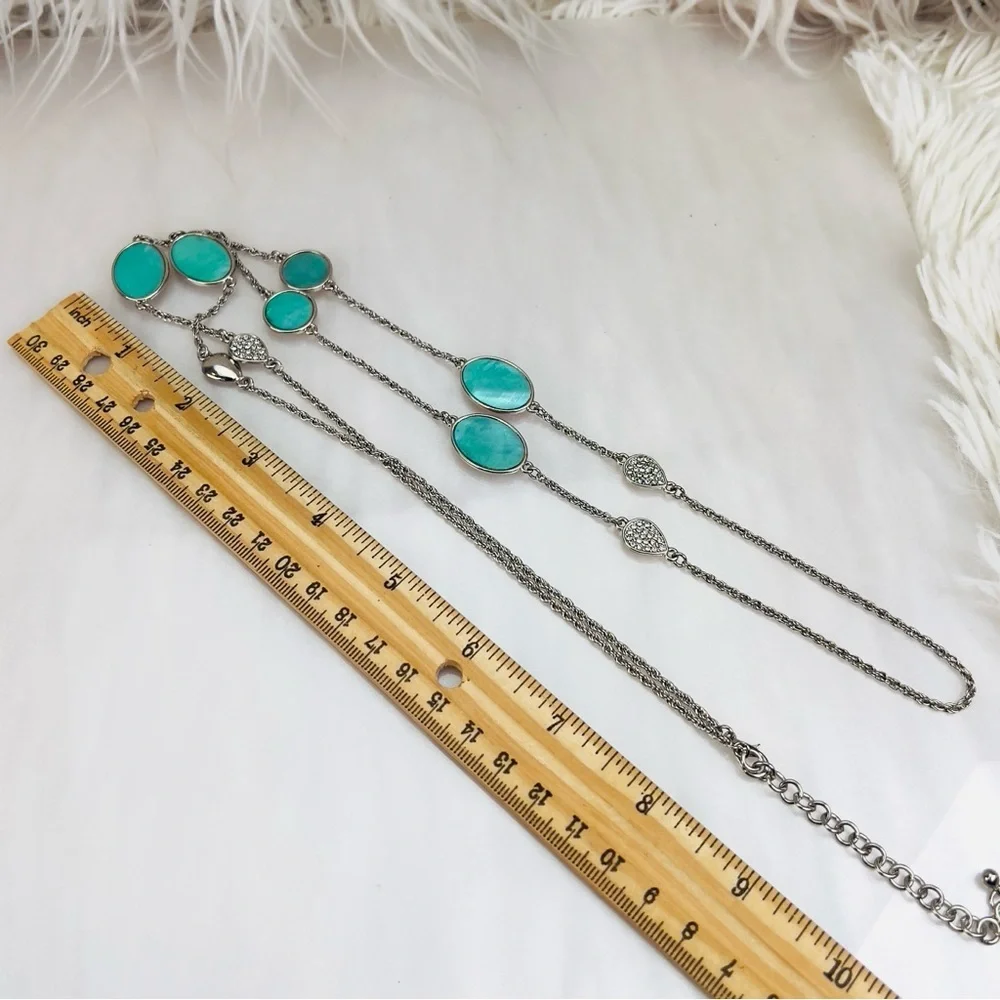Beautiful, Silvertone, blue, clear bling, long layering necklace